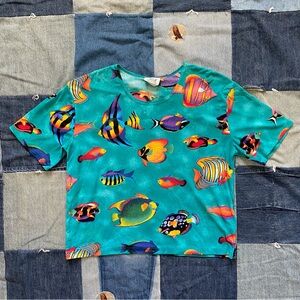 vtg Jostar tropical fish printed tshirt 90s teal
